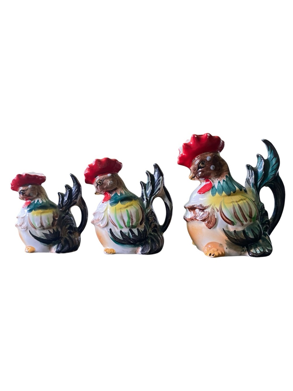 Vintage Rooster Chicken Pitcher Creamer Decorative Set of 3 1950’s Made in Japan